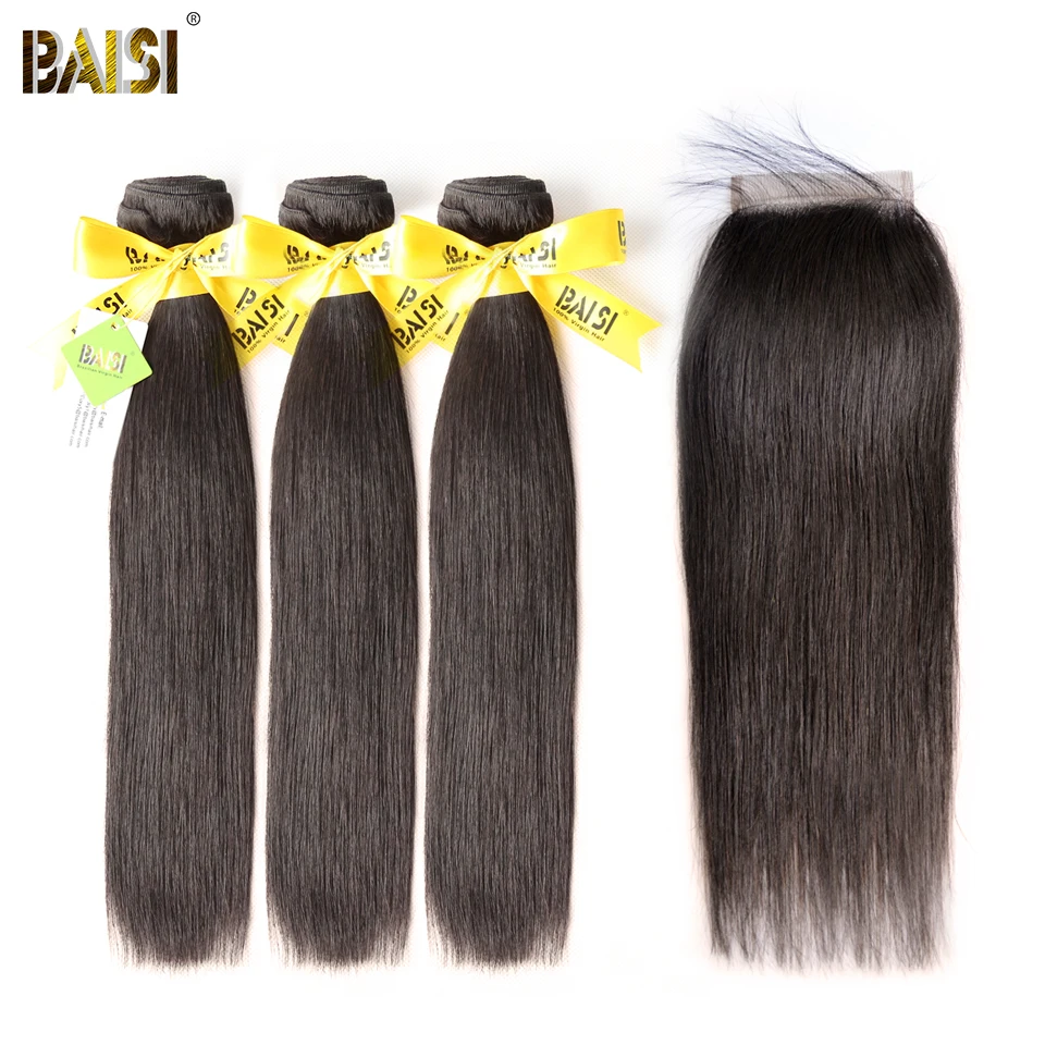 

BAISI Hair Unprocessed Brazilian Straight Virgin Hair 3 Bundles with Lace Closure 100% Human Hair