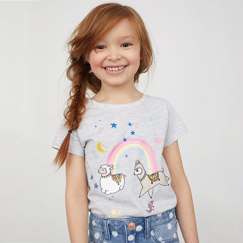 

New European American Style 2019 Kids Summer Rainbow Print Knit Elastic Short-Sleeved New Girls Cotton Round Collar T-Shirt Tee