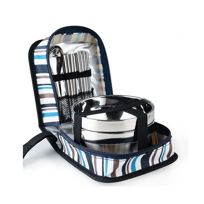 Tri-polar Acero inoxidable vajilla cuencos tenedor cucharas palillos vajilla conjunto con bolsa de almacenamiento para acampar Picnic Cocina