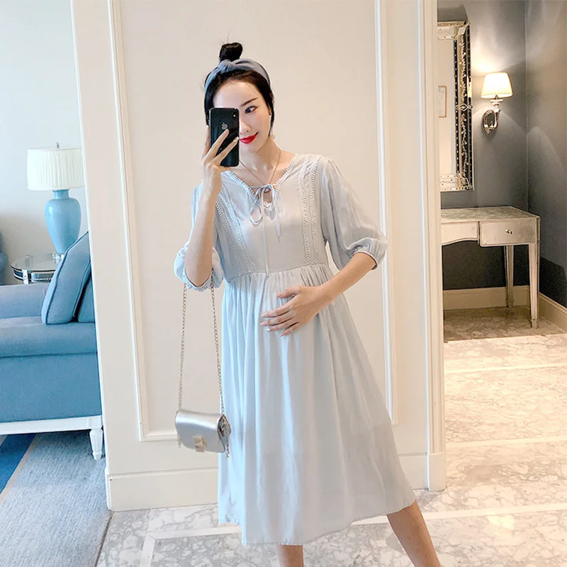 

Summer Korean Fashion Maternity Dress V Neck Slim Waist Pleated Chiffon Clothes for Pregnant Women Pregnancy Party Dress