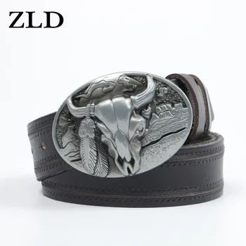 

ZLD Men's Cowskin Leather Belts Luxury bull Head Smooth Buckle man cowhide Belt Fashion young people luxury male Jeans Strap