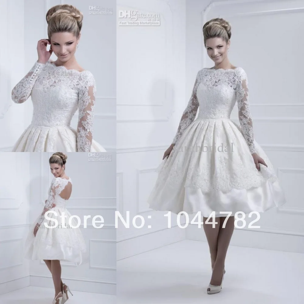 Elegant 2014 Lace Long Sleeve Knee Length Short Wedding Dresses White ...