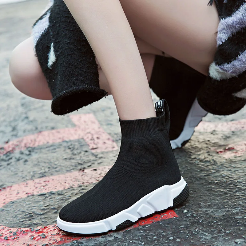 Bomlight Slip On Elastic Sock Shoes Women Flats High Top Hip pop Black ...