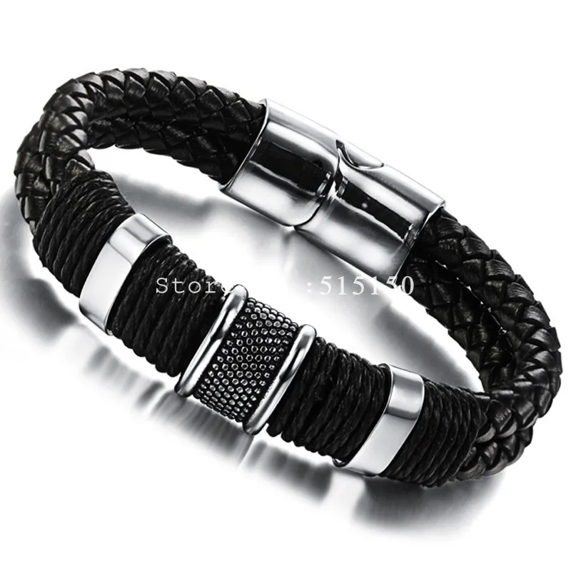 Top Quality Stainless Steel Bracelets Bangles Mens Gift Black Genuine Leather Magnetic Buckle Fashion Men Jewelry Free Shipping