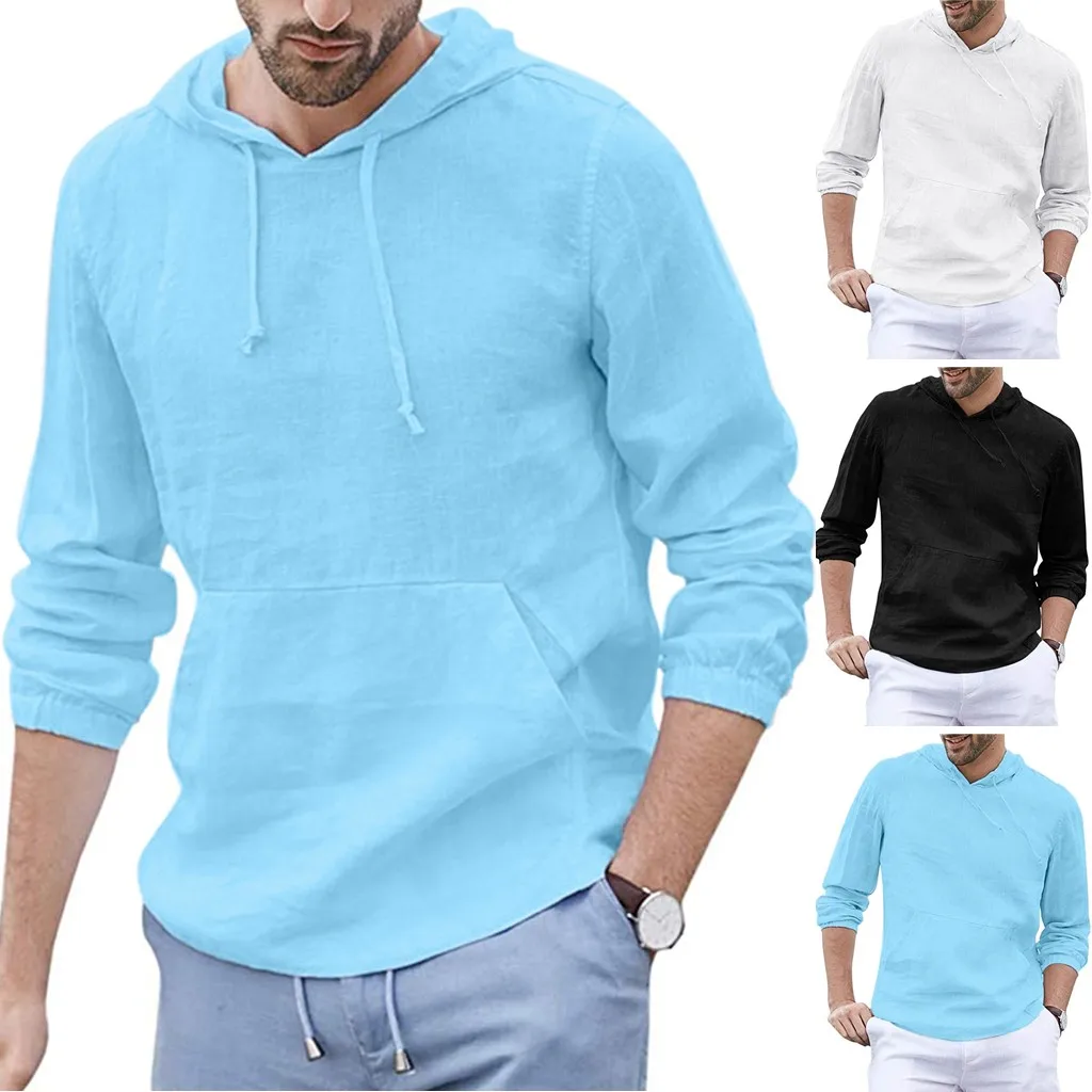 

European yard Men's Baggy Cotton Linen Hooded Pocket Solid Long Sleeve Retro Shirts Tops40 Drop shipping