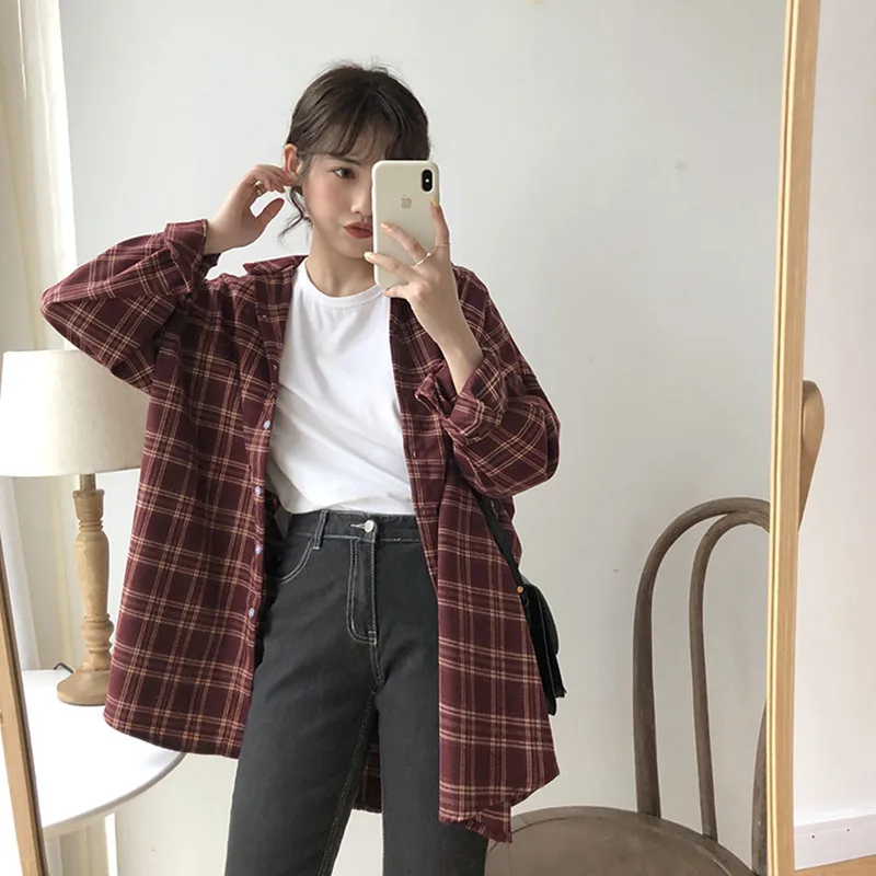  2 colors Autumn thick Plaid Shirt Blouse 2019 Korea College Loose Tops Fashion long Sleeve Loose Ca