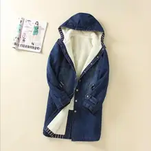 2016 women New Winter Plus Velvet Thick Lamb’s Wool Cotton Denim Jacket Korean Long Section hooded cowboy Padded coat F3789