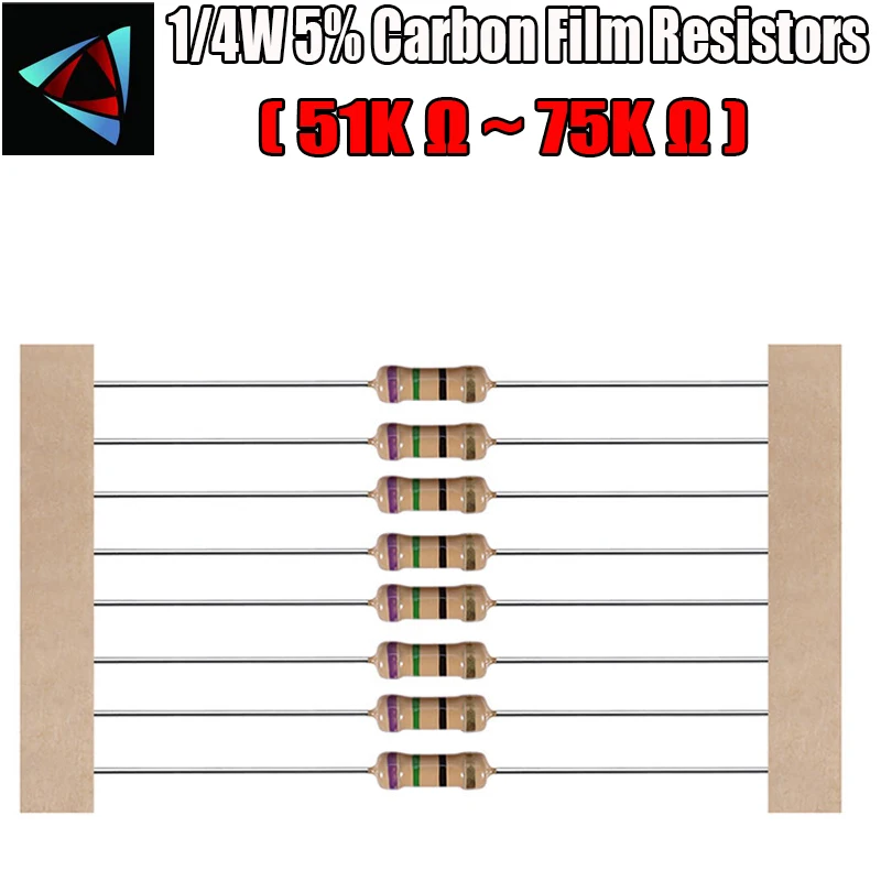 100 шт. 1/4 Вт 5% карбоновый пленочный резистор 51K 56K 62K 68K 75K Ом|carbon film resistors|film resistors51k