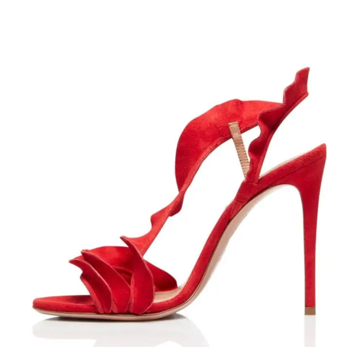 

Ruffles High Heel Sandals Sling back Cut Out Stiletto Woman Summer Shoes Concise Newest Elegant Feminine Dress Shoes
