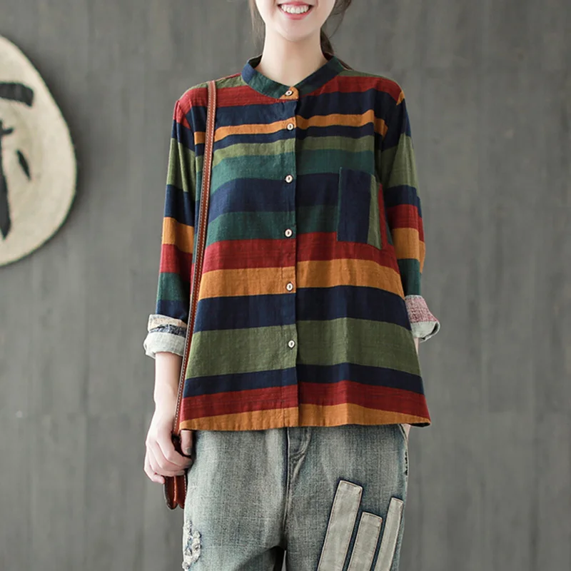 

Johnature Women Striped Shirts Casual Cotton Linen Blouses 2019 Autumn New Sweet Tops Stand Long Sleeve Button Women Shirts