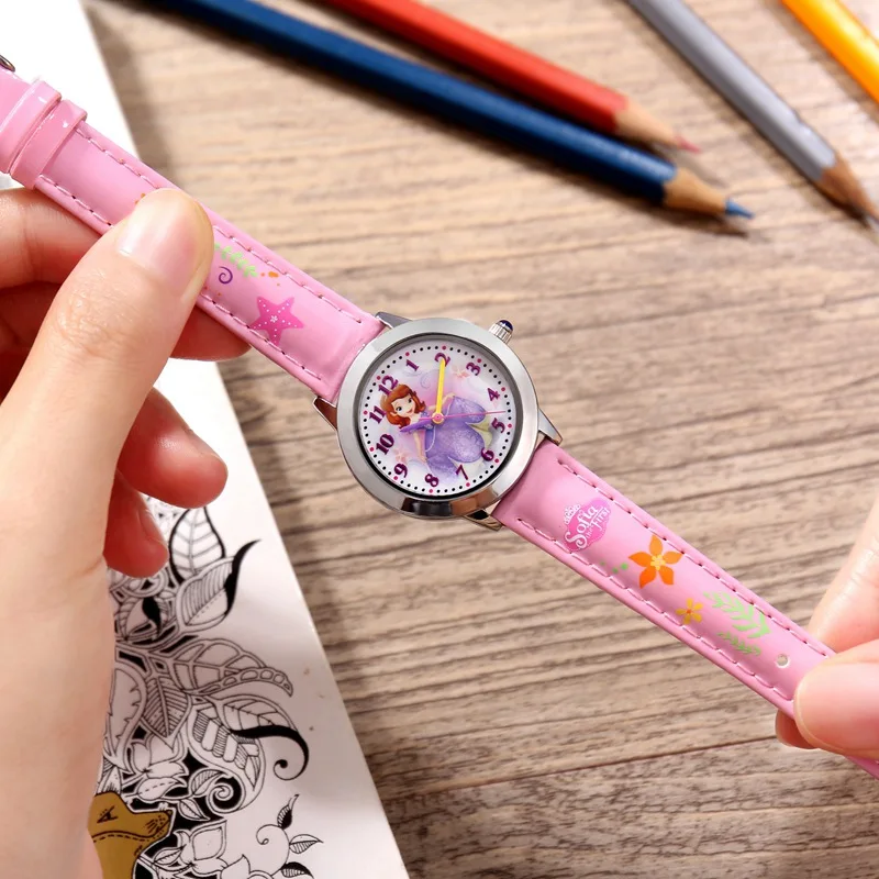 Disney Princess Series Frozen Elsa Anna Sofia Girls Leather PU Band Quartz Simple Children Watches For Girls Hour Blue Pink New