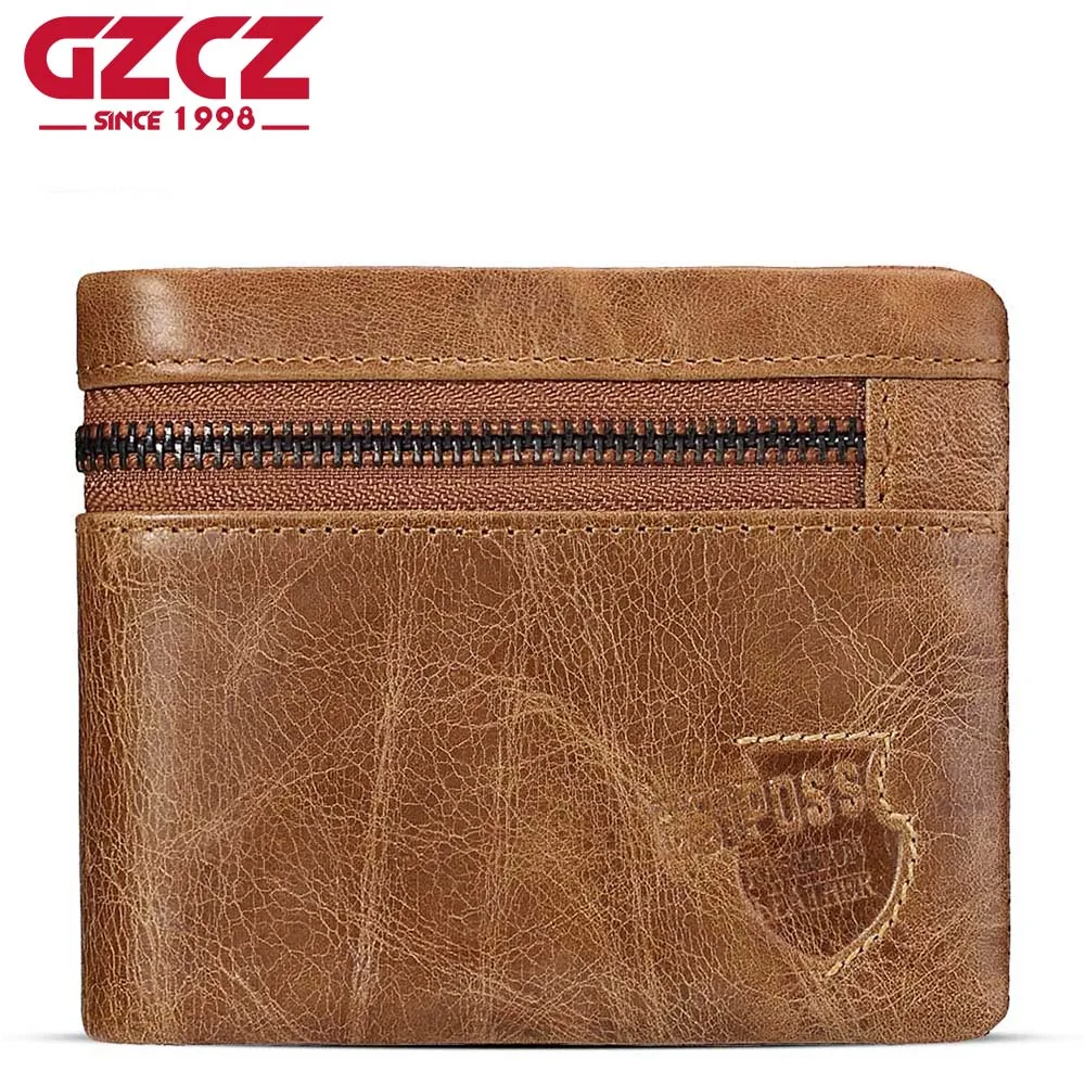 

GZCZ Genuine Cow Leather Mens Wallets Brand Zipper Design Bifold Short Men Purse Male Clutch with Card Holder Coins Purses Walet