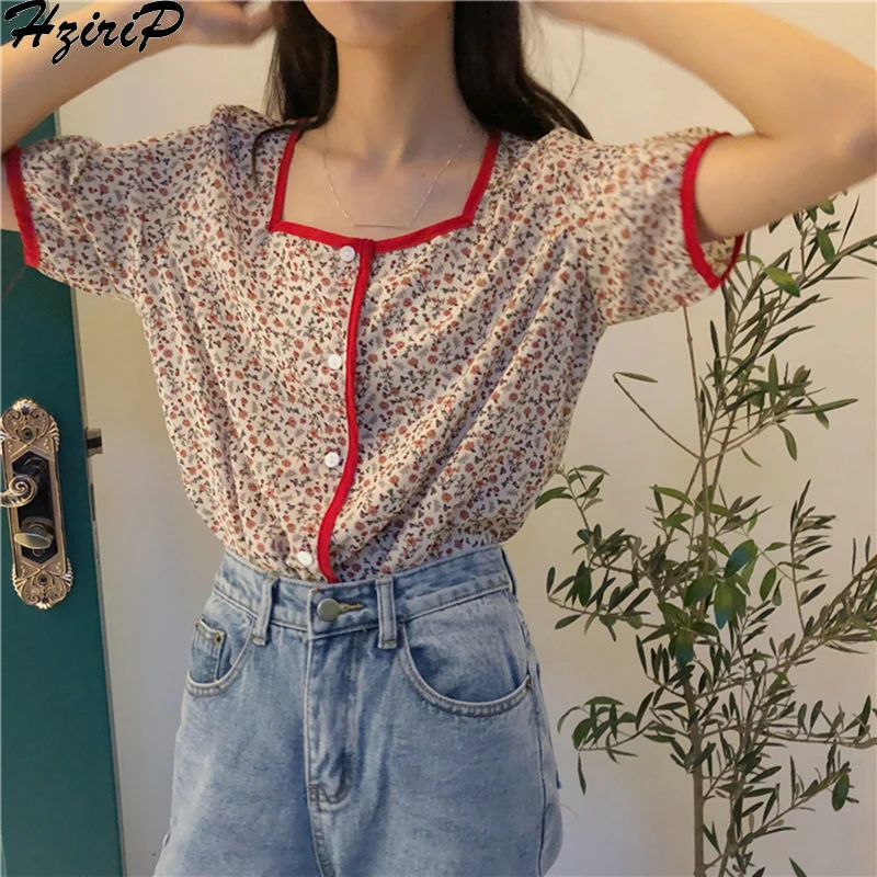 

Hzirip Sweet Female Print Summer New Style Casual Loose 2019 All-Match Chiffon Simple Elegant Shirt