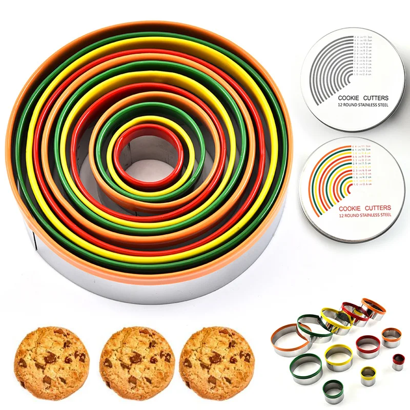

12Pcs/Set Colorful Circle Round Shaped Cookie Cutter Stainless Steel Biscuit Cutting Mold Cake Ring Mousse Mould Baking Tools
