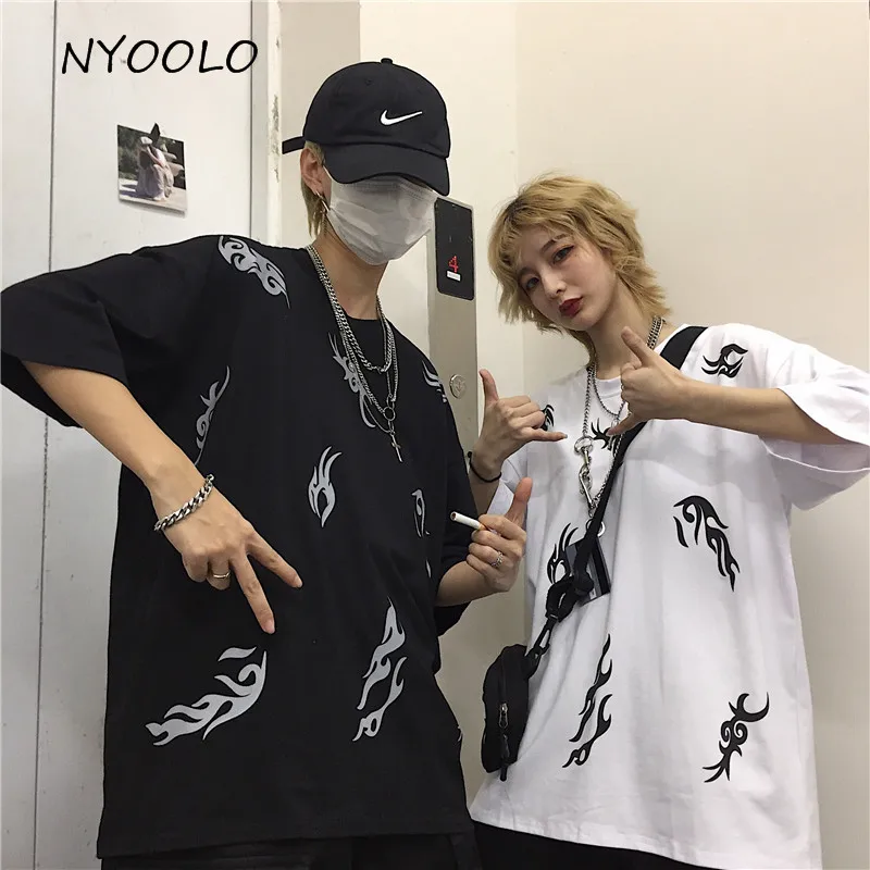 

NYOOLO 2019 summer Vintage streetwear simple print t shirt loose O-neck short sleeve t-shirt women/men clothing tops tee