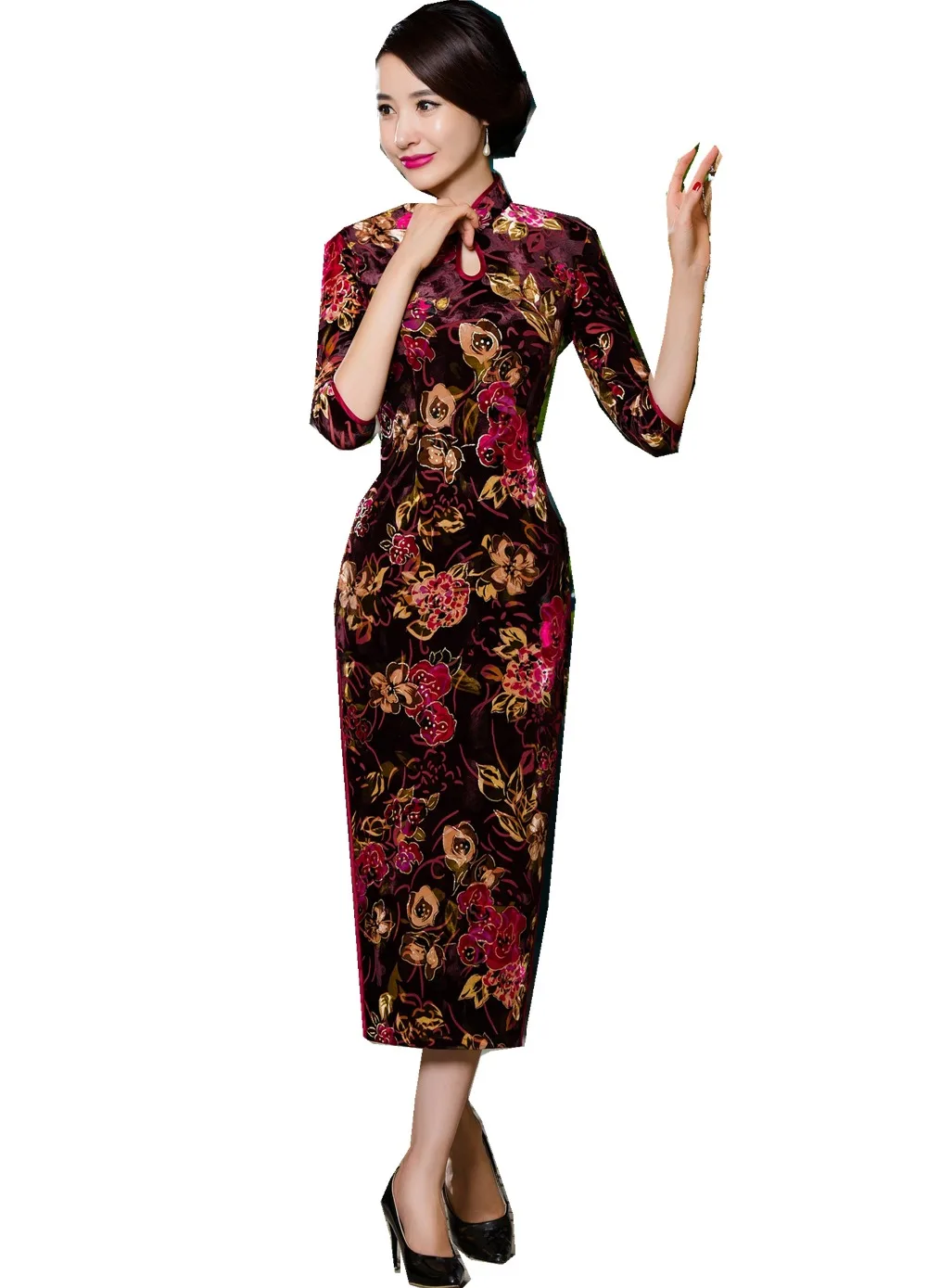 Shanghai Story Floral Qipao Long Chinese Dress Velvet Chinese Style ...
