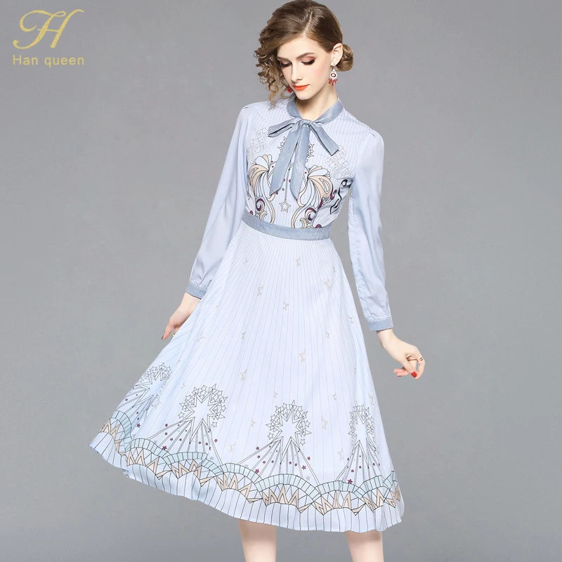 

H Han Queen 2019 Spring New Bohemia Printing Elegant Large Size Women Retro Dress Slim Bow Holiday Dresses