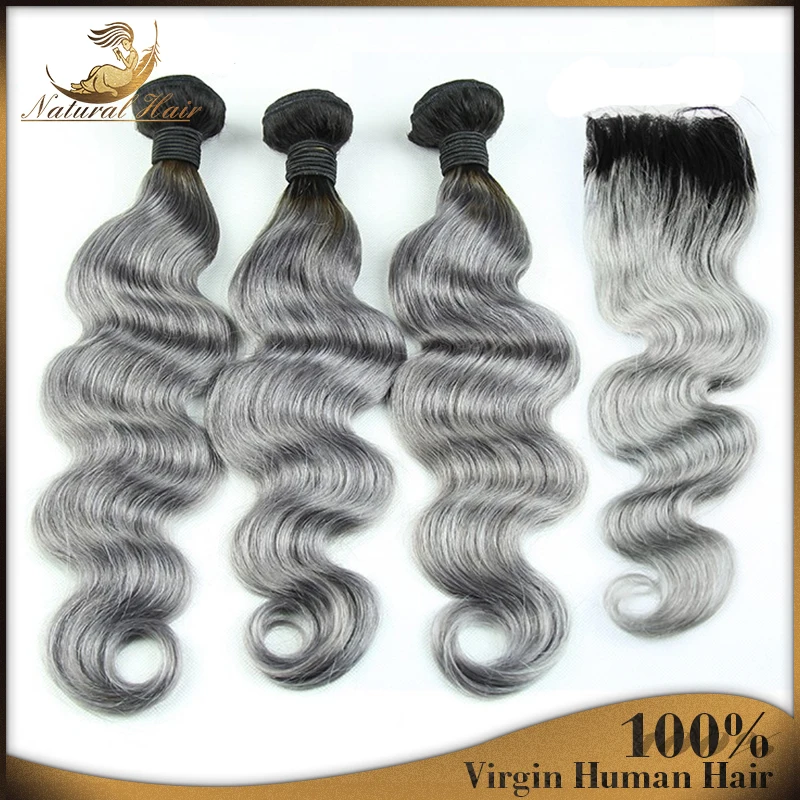 New Fashion 7A 1B Grey Silver Ombre Brazilian Virgin Hair Weave 3 Bundles With Lace Closure