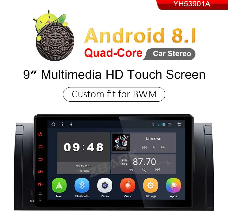 Top 9" Android 8.1 Multimedia Touch Screen Car Stereo Radio Player GPS OBD WIFI FM for BMW X5 E53 1999-2004 2005 2006 YH53901A 0