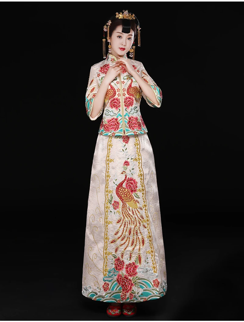 Высокое качество ручного ткачества Розовый Бежевый Cheongsam торжественное платье для зарубежных китайцев Для женщин пикантные длинные Ци Пао