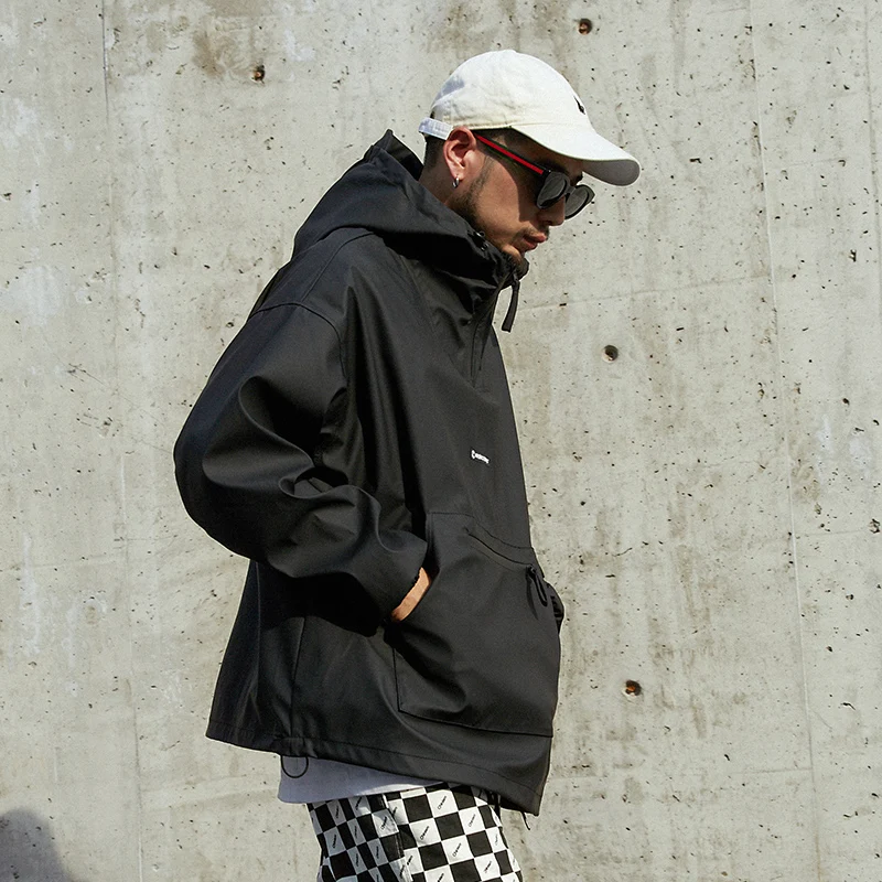 CHINISM Front Pocket PU Hooded Jackets Men Loose Waterproof Hip Hop Streetwear Windbreaker Jacket Stay Wise Printed PU Outwear CHINISM Front Pocket PU Hooded Jackets Men Loose Waterproof Hip Hop Streetwear Windbreaker Jacket Stay Wise Printed PU Outwear