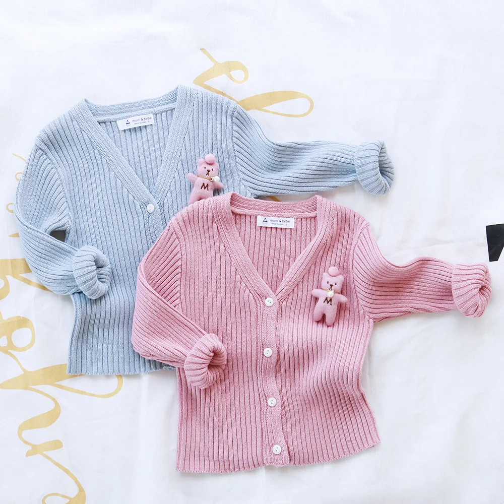 Autumn Girls Cardigan Sweater Casual Pure Cotton V neck Kids Clothing Korean Cartoon Bear Long sleeve