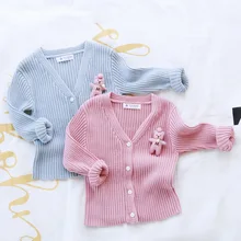 Autumn Girls Cardigan Sweater Casual Pure Cotton V neck Kids Clothing Korean Cartoon Bear Long sleeve