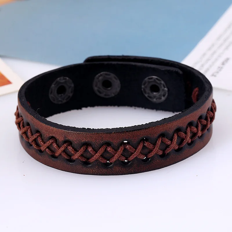 Мужской плетеный браслет из натуральной кожи с застежкой кнопкой|snap button|rope