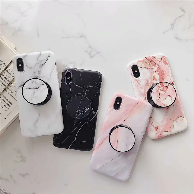 

ZRICKIE Case For iPhone X Xs Max Marble Folding Phone Holde Silicone TPU Matte Case For iPhone XR 8 7 6 6S Plus Kickstand Case