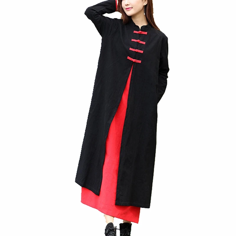 Women Vintage Cotton Maxi Dress Traditional Chinese Style Robe Longue Long Sleeve Fake Two Pieces Black Red Casual Retro Dress womens-long-maxi-dresses : image Women Vintage Cotton Maxi Dress Traditional Chinese Style Robe Longue Long Sleeve Fake Two Pieces Black Red Casual Retro Dress womens-long-maxi-dresses