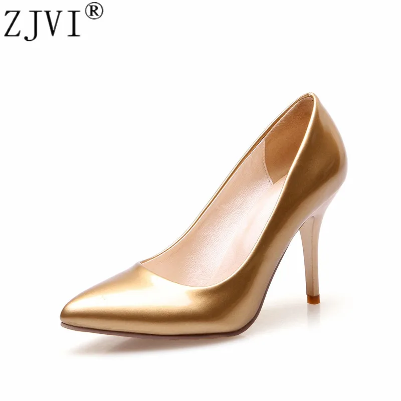 

ZJVI woman pointed toe 9cm Thin high heels pumps women sexy patent gold sliver shoes ladies 2019 womens elegant work party Pumps