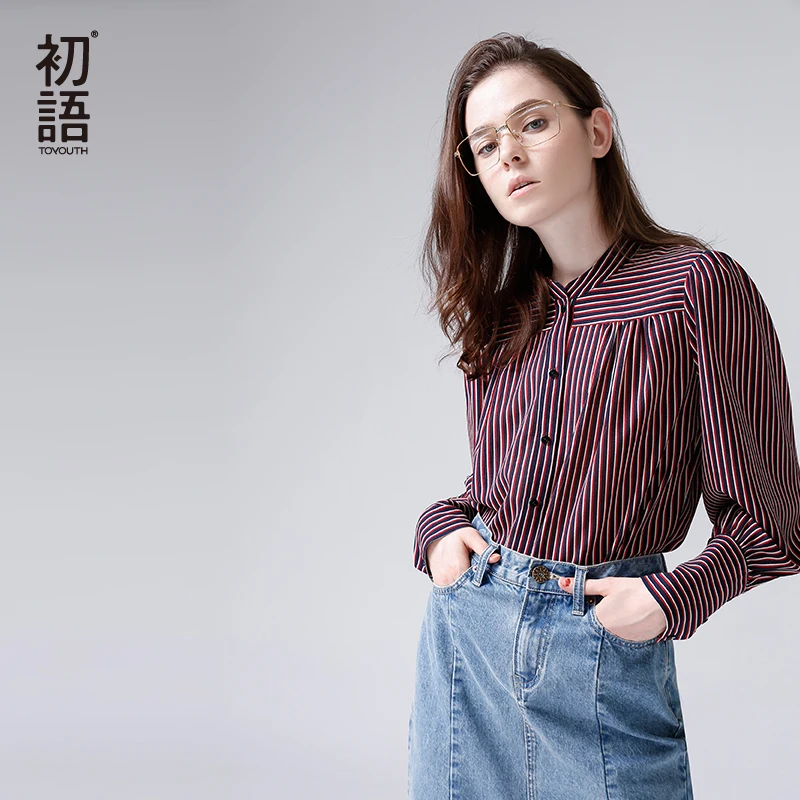 

Toyouth 2018 Striped Chiffon Blouses Autumn Shirt For Women Casual Stand Collar Long Sleeves Workwear Blouse Female Clothes Tops