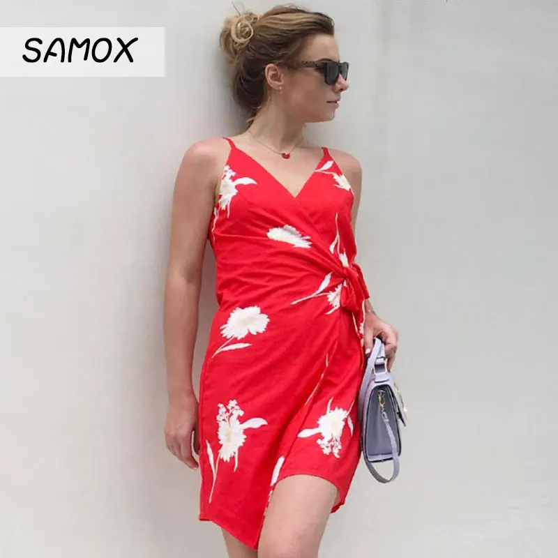 

JSMY 2019 New Summer Chiffon Dress Fashion Women Sexy V-neck Printing Backless Irregular Strap Bow