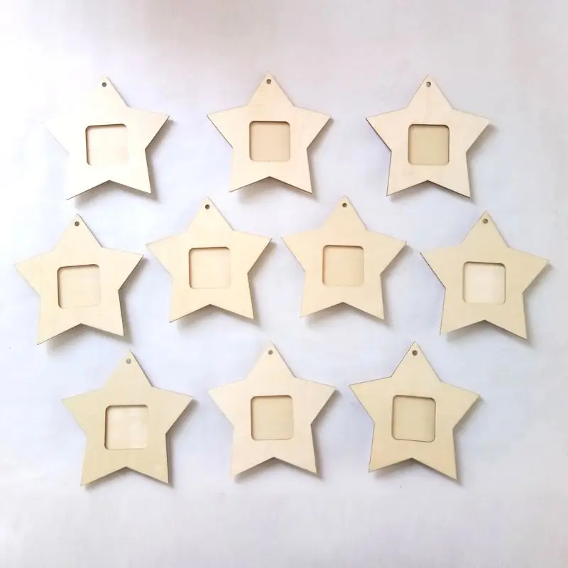#*Cheap 10Pcs Wooden Mini Star Photo Frame Picture Poster Hanging Pendant Home Party Decoration Ornament Unfinished DIY Gift