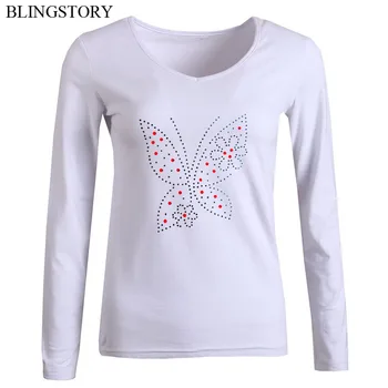 

BLINGSTORY Autumn V-neck Long Sleeve Tops Basic Women Bead Diamond Butterfly Tee Plus Size 6XL