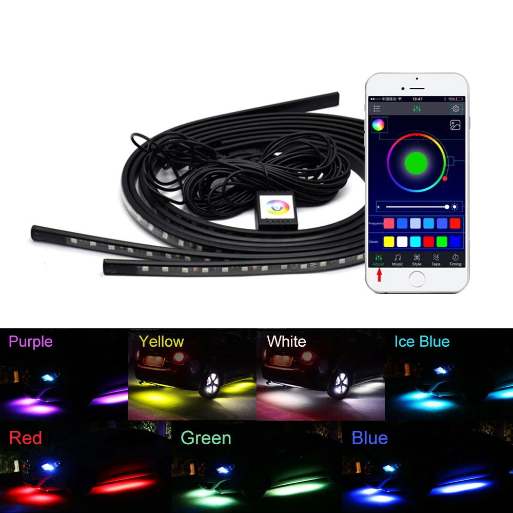 

4pcs Car APP RGB LED Strip 5050SMD Decorative Atmosphere Lamps Under Tube Underglow Underbody System Neon Light Kit With Remote