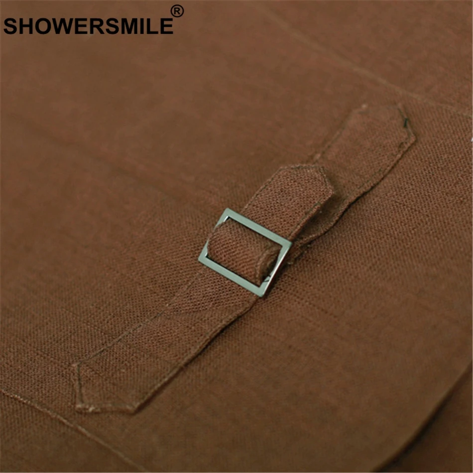 SHOWERSMILE Vintage Linen Waistcoat Women Brown Vest Short Jackets Female Summer Autumn Slim Fit England Style Sleeveless Gilet