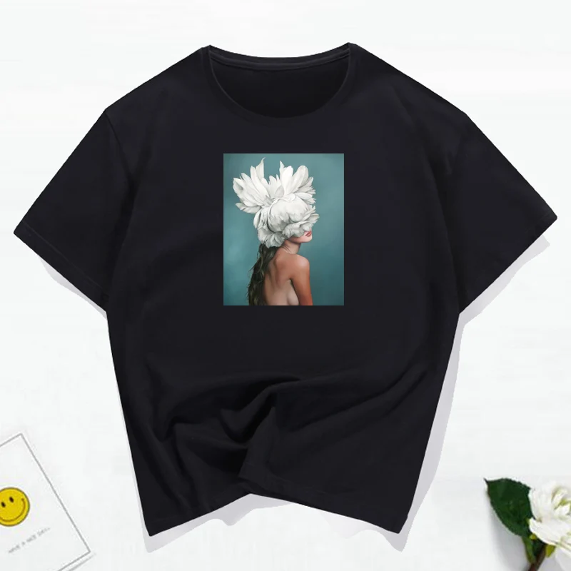 Модная женская футболка, новинка, хлопок, Harajuku, эстетическая футболка, сексуальные цветы, перо, принт, топы, Повседневная парная футболка - Цвет: 171-black