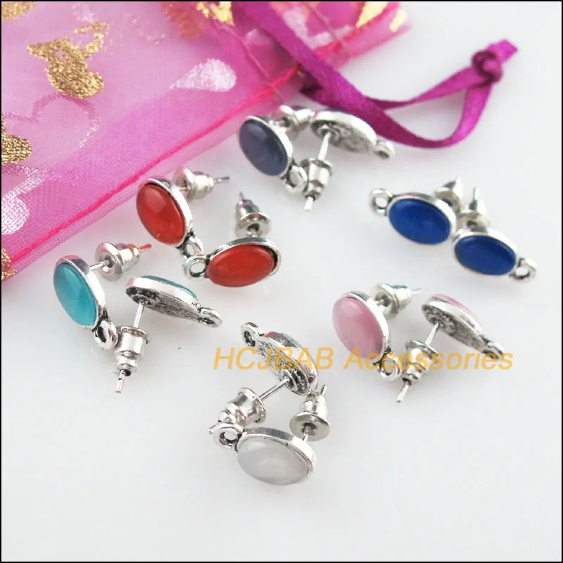 

12Pcs Tibetan Silver Oval Mixed CatEye Wire Earrings Hooks Findings 7x12mm