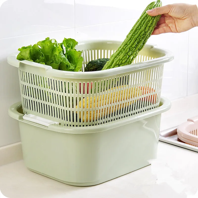 2pcs/set Double Plastic Kitchen Vegetable And Fruit Washing Basket Multi functional Fruit Basket
