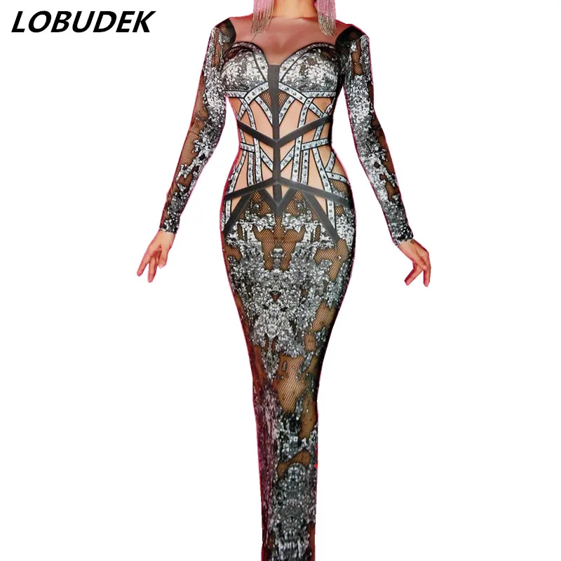 

Fashion Printing Bandage Sparkly Crystals Leotard Long Nightclub Female DJ Singer Costume Party Celebration Clothing