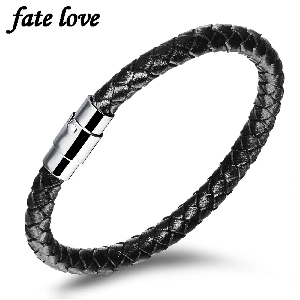 Brown/black leather bracelet men jewelry stainless steel clasp