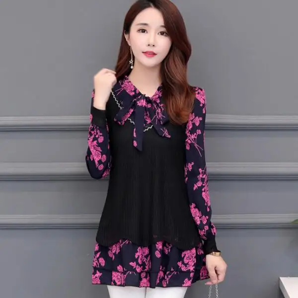 

Winter Basic Shirts Women Blouses Tunic Velvet Tops Lady Faux Two Piece Floral Bow Tie Tops Blouse Long 5XL 4XL 3XL DV491