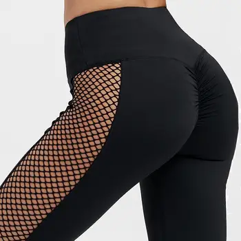 Black High Waist Leggings Women Mesh Patchwork Push Up Legging  Fitness Pants Breathable Polyester Sport Leggins 1