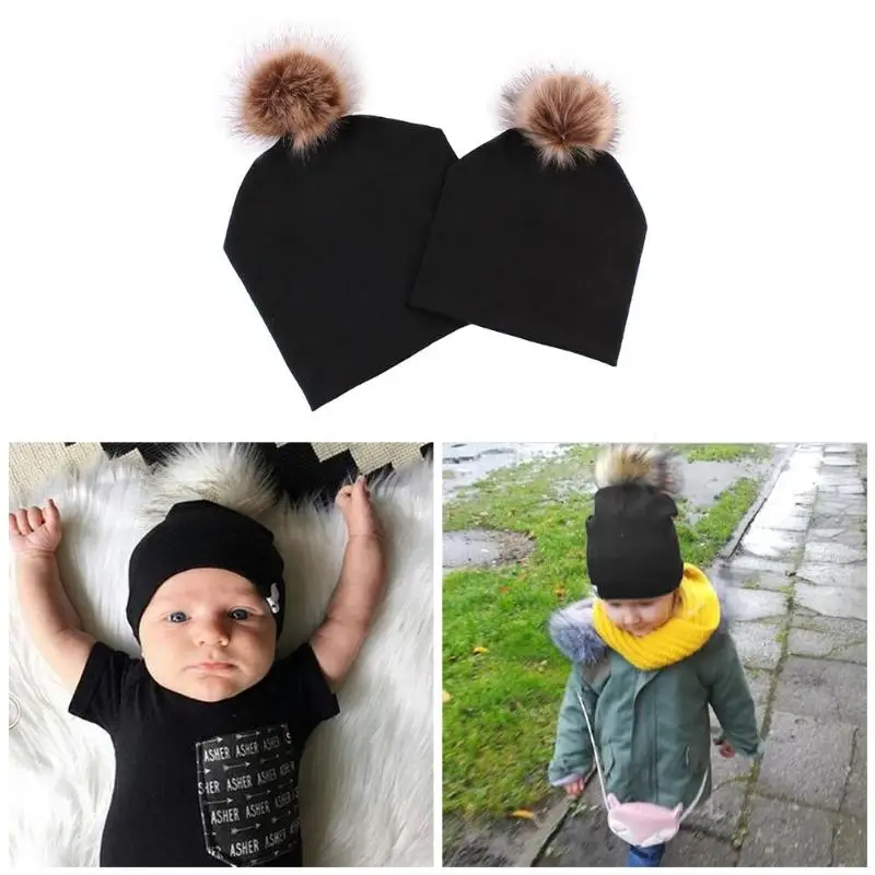 

2/1pcs Solid Color Stripe Caps Newborn Baby Mom Dad Family Matching Hat Beanie Pompon Decor Soft Winter warm soft caps