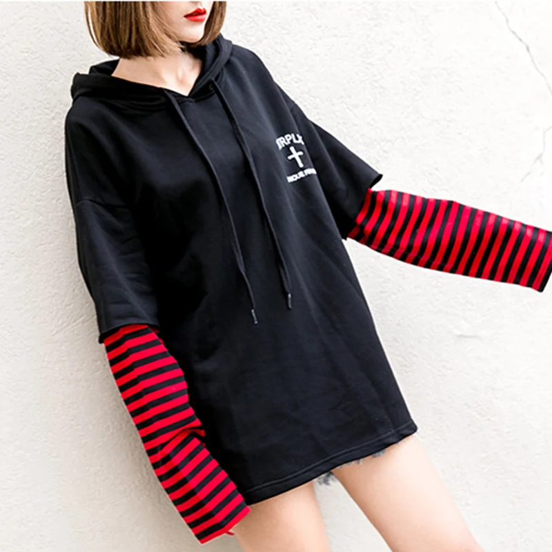 

Black Striped Patchwork Hooded Women's Hoodies Letter Print Long Sleeve Loose Sweatshirt 2019 Spring Summer Students Tops Women