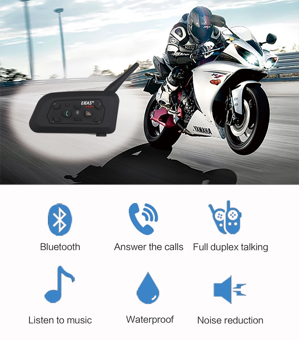 Ejeas V6 PRO Bluetooth с функцией Интерком на двоих в радиусе до записывающие устройство десткий коммуникатор в случаи опасности для мотоциклетного шлема гарнитура с 1200 м переговорные для 6 Riders+ металл Шинная
