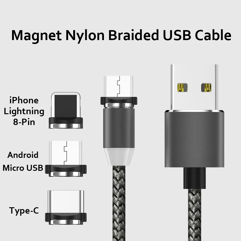 3 в 1 2.4A кольцевой USB интерфейс магнит нейлоновый плетеный кабель для зарядки телефона кабель для iPhone 8-Pin/Micro USB/type-C USB кабель