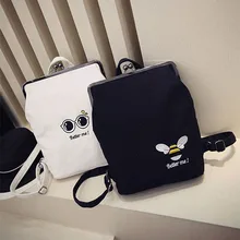 Новинка 2016 Summer Canvas женские Fresh Рюкзаки Девушка школьные путешествия металлической застежкой мультфильм глаза белый рюкзак черный Honeybee рюкзак