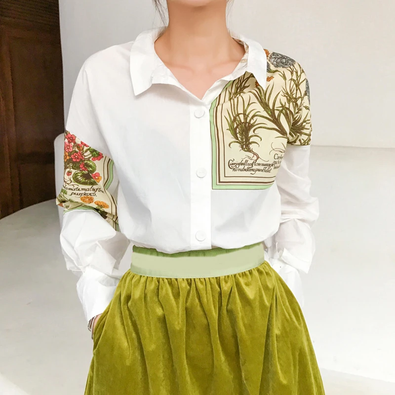  [EAM] 2020 New Autumn Winter Lapel Long Sleeve Print Pattern Single Breasted Irregular Shirt Women 